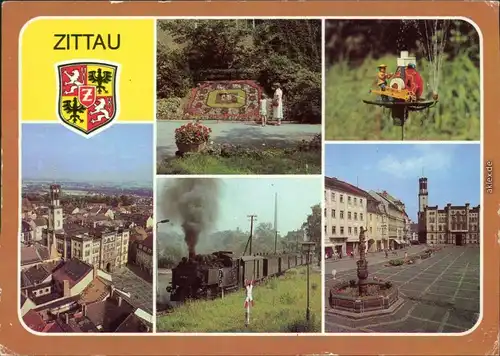 Zittau Blumenuhr, Schleifermännelbrunnen Kleinbahn, Platz der Jugend g1986