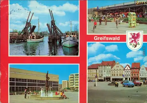 Greifswald Wiecker Klappbrücke, Kaufhalle, Plastik  Sporthalle g1986