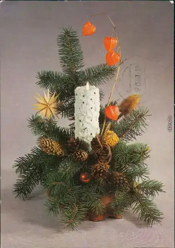 Ansichtskarte  Glückwunsch - Weihnachten und Neujahr mit Zweig und Kerze 1986