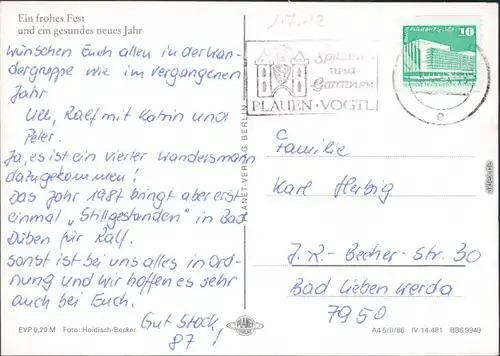 Ansichtskarte  Glückwunsch - Weihnachten und Neujahr mit Zweig und Kerze 1986