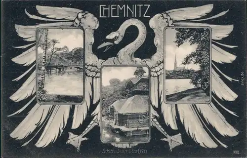 Chemnitz Karl-Marx-Stadt 3 Bild: Schwan - Panorama, Schloßteichpartien 1905 