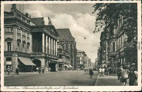 Ansichtskarte Breslau Wrocław Schweidnitzerstraße, belebt 1942 