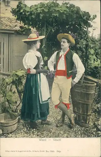 Ansichtskarte  Waadt coloriert  Weinlese - Mann und Frau - Waad Vaudt 1906