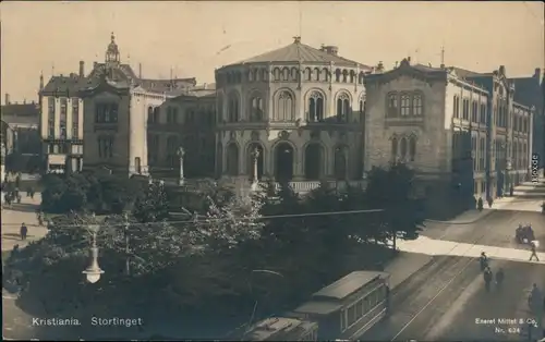 Oslo Kristiania Stortinget/Parlamet mit Straßenbahn im Vordergrund 1924