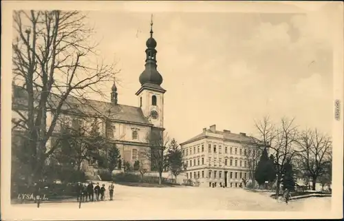 Ansichtskarte Lissa (Elbe) Lysá nad Labem Straßenpartie und Kirche 1930 