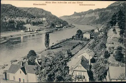 Schmilka Blick über den Ort und zum Schrammstein und der Hirschmühle 1913