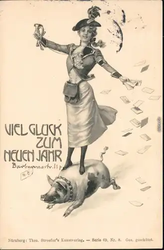 Ansichtskarte  Frau reitet auf Schwein - Neujahr 1901 