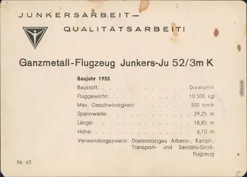 Werbekarte   Ganzmetall-Flugzeug Junkers Ju 52/3m K 1935