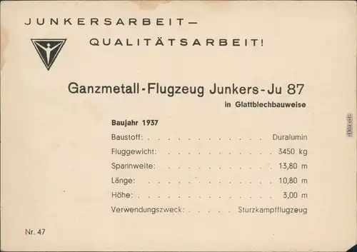 Werbeblatt-Karte Ganzmetall Flugzeug Junkers Stucka JU 87 1935