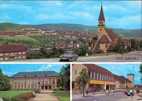 Aue (Erzgebirge) Kulturhaus Ernst Thälmann, Kaufhaus und Oberschule 1978