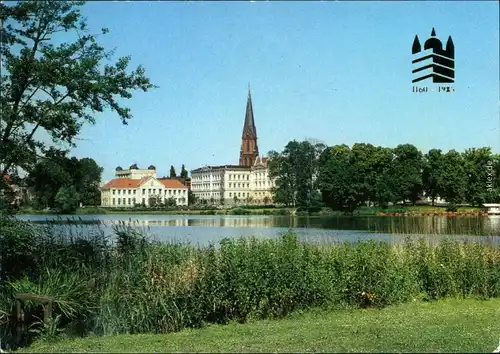 Ansichtskarte Schwerin Burgsee mit Kirchturmspitze im Hintergrund 1985