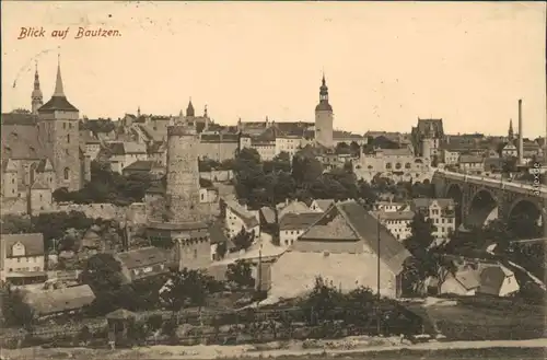 Ansichtskarte Bautzen Budyšin Panoramablick mit Brücke und Kirchtürmen 1915