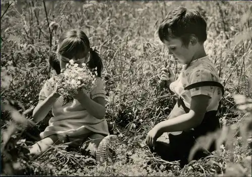 Ansichtskarte  Glückwunsch - Geburtstag - Kinder beim Blumenpflücken 1968