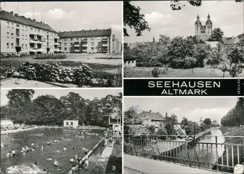 Ansichtskarte Seehausen (Altmark) Neubaugebiet, Kirche, Freibad, Kanal 1978