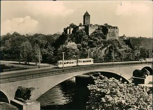 Giebichenstein-Halle (Saale) Burg Giebichenstein mit Brücke und Straßenbahn 1963