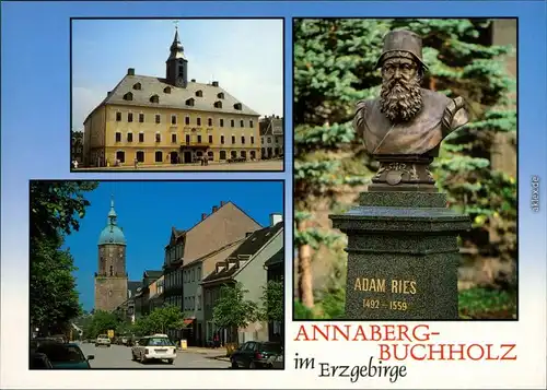 Ansichtskarte Annaberg-Buchholz Rathaus, Kirchgasse, Adam-Ries-Denkmal 1995