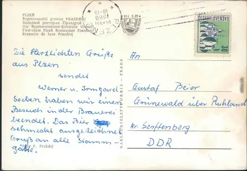 Ansichtskarte Pilsen Plzeň Bierstube Urquell - Innenansicht 1966