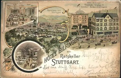 Stuttgart Litho Ak: Hotel Bilginger mit Ratkeller, Friedrichs Straße 21 1897 