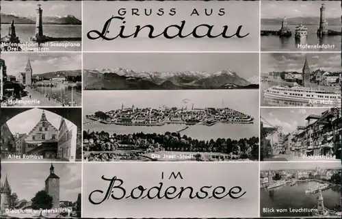 Lindau (Bodensee) Hafeneinfahrt, Hafenpartie,  Hauptstraße,   1956