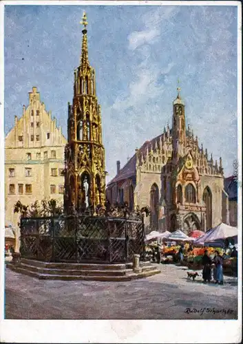 Nürnberg Frauenkirche und Brünnen signierte Künstlerkarte 1950 