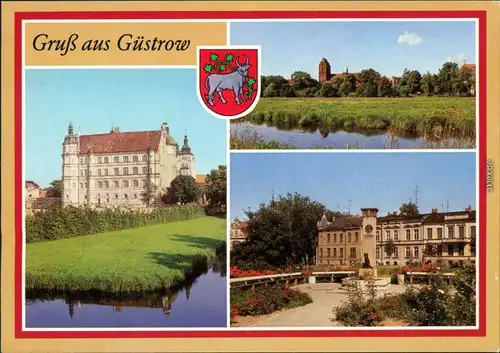 Ansichtskarte Güstrow Schloss, Dom, John-Brinckman-Denkmal mit Brunnen 1987