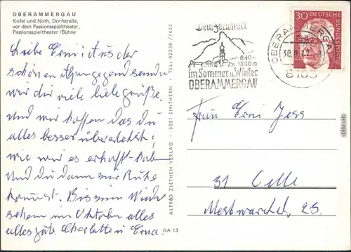 Oberammergau Kofel und Noth, Dorfstraße, vor dem Passionsspieltheater,   1972