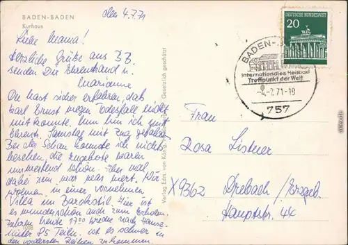 Ansichtskarte Baden-Baden Kurhaus 1971