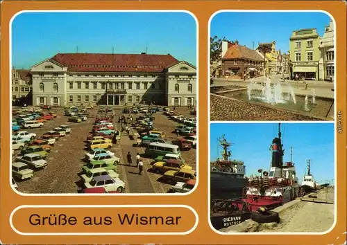 Wismar Marktplatz mit Rathaus,   der Krämerstraße, Schlepper am Kai 1988