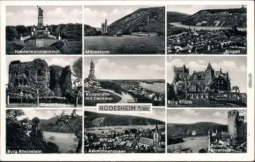 Ansichtskarte Rüdesheim (Rhein) 9 Bildkarte Burgen und Niederwalddenkmal 1957