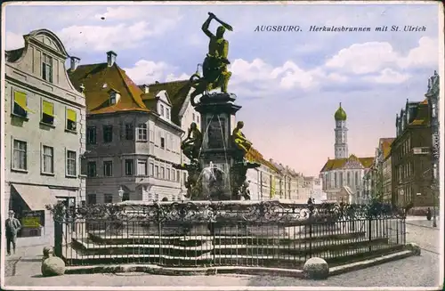 Ansichtskarte Augsburg Herkulesbrunnen mit St. Ulrich (Zeichnung) 1933