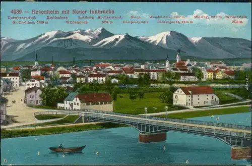 Ansichtskarte Rosenheim Panoramablick mit Neuer Innbrücke 1915