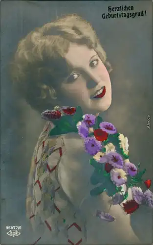  Glückwunsch - Geburtstag - Frau mit Blumen - Teilcoloriert 1930