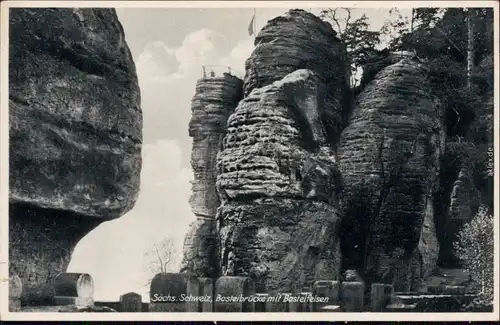 Ansichtskarte Lohmen (Sachsen) Basteibrücke mit Basteifelsen 1935