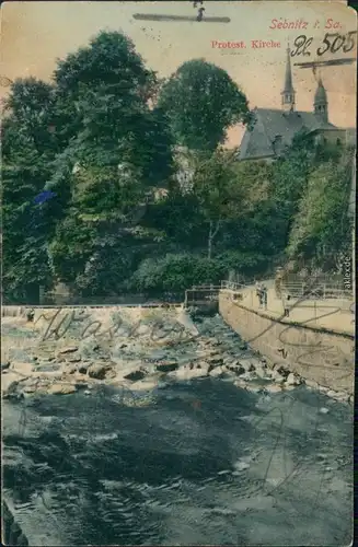 Ansichtskarte Sebnitz Straßenpartie an der Protestantischen Kirche 1912 