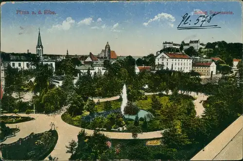 Ansichtskarte Pirna Parkpartie und Stadt 1918 