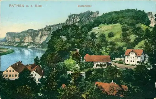 Ansichtskarte Rathen Panoramablick mit Basteifelsen 1927