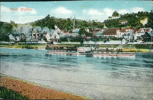 Ansichtskarte Wehlen Dampfer Wettin vor der Stadt 1915 