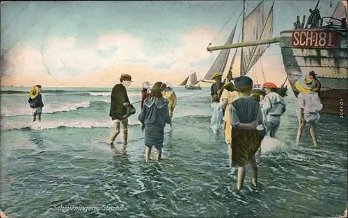 Ansichtskarte Scheveningen Den Haag Den Haag Strand, Kinder und Schiff 1908