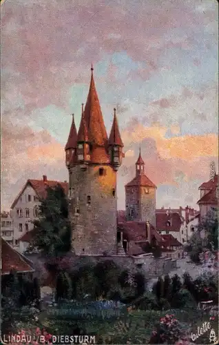 Ansichtskarte Lindau (Bodensee) Künstlerkarte: Diebturm 1914 