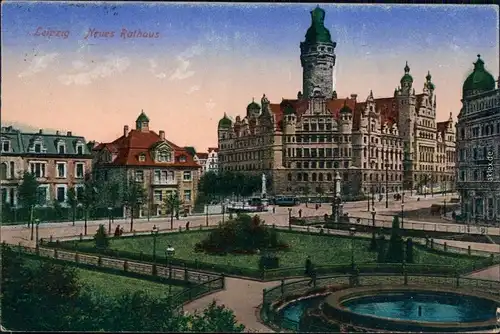 Ansichtskarte Leipzig Straßenpartie am Neuen Rathaus 1922 