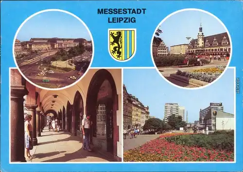 Ansichtskarte Leipzig Hauptbahnhof, Markt, Rathausarkaden, Sachsenplatz g1989