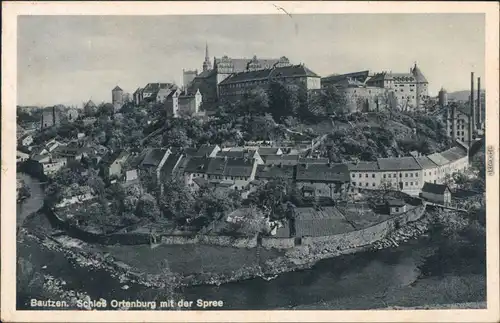 Ansichtskarte Bautzen Budyšin Panorama, Ortenburg, Spree und Fabrik 1934 