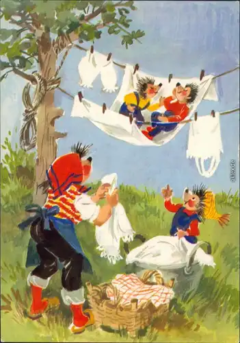 Ansichtskarte  DDR-Mecki: beim Wäsche aufhängen 1984