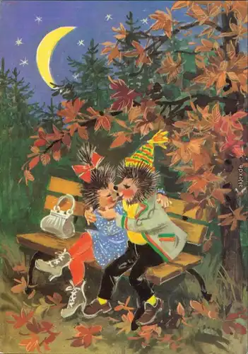 Ansichtskarte  DDR-Mecki: Kuss bei Mondschein auf der Parkbank 1987