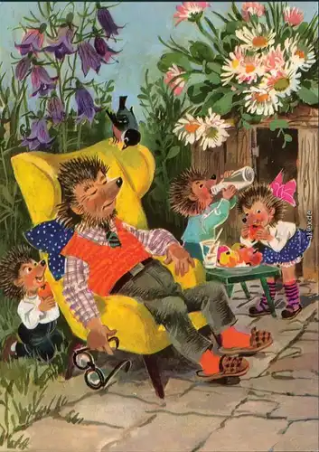 Ansichtskarte  DDR-Mecki: im Garten, Mecki schläft, Kinder essen 1987