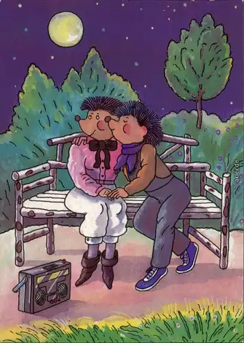 Ansichtskarte  DDR-Mecki: Kuss im Mondschein auf der Parkbank 1985
