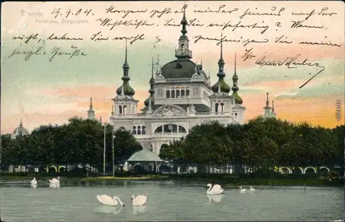 Ansichtskarte Bremen Parkhaus im Bürgerpark mit Teich und Schwäne 1904