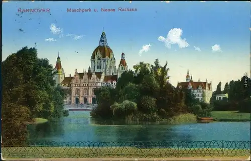 Ansichtskarte Hannover Neues Rathaus mit Teichanlage 1912