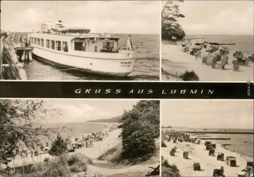 Lubmin Bootsanlegestelle mit Fähre Seeadler, Strand mit vielen Strandkörben 1970