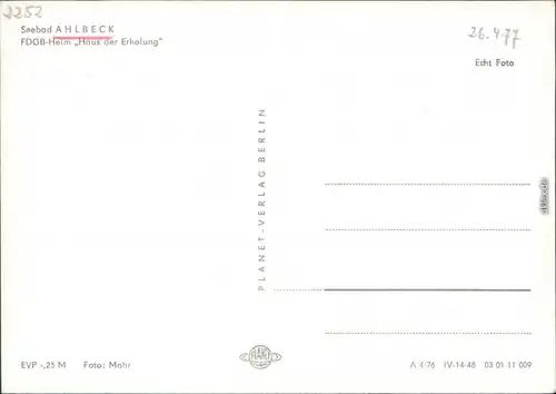 Ansichtskarte Ahlbeck (Usedom) FDGB-Erholungsheim Haus der Erholung 1976